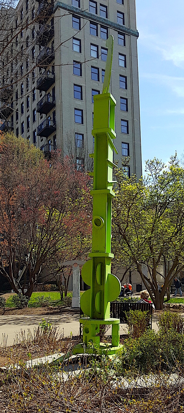 This is a sculpture from last year that has become permanent. Some of us call it "The Leaning Tower of Pizzazz!" Because it's, well, leaning.