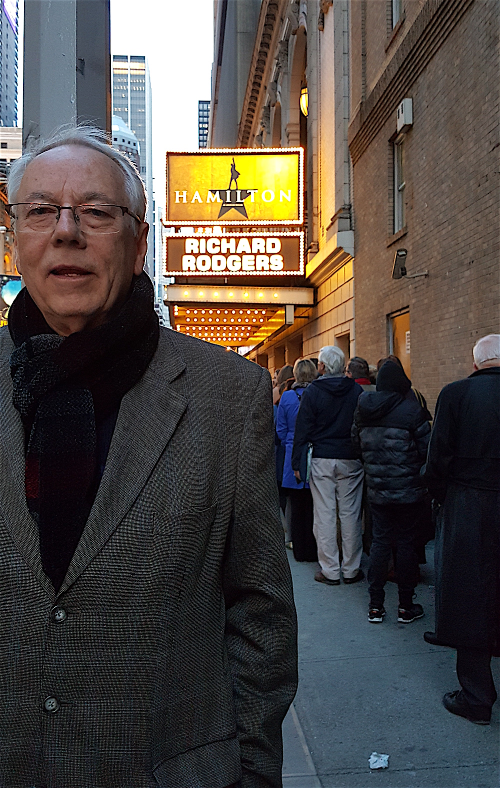 Alan outside Hamilton. Go if you can. We bought our tickets on the secondary market through Stub Hub.