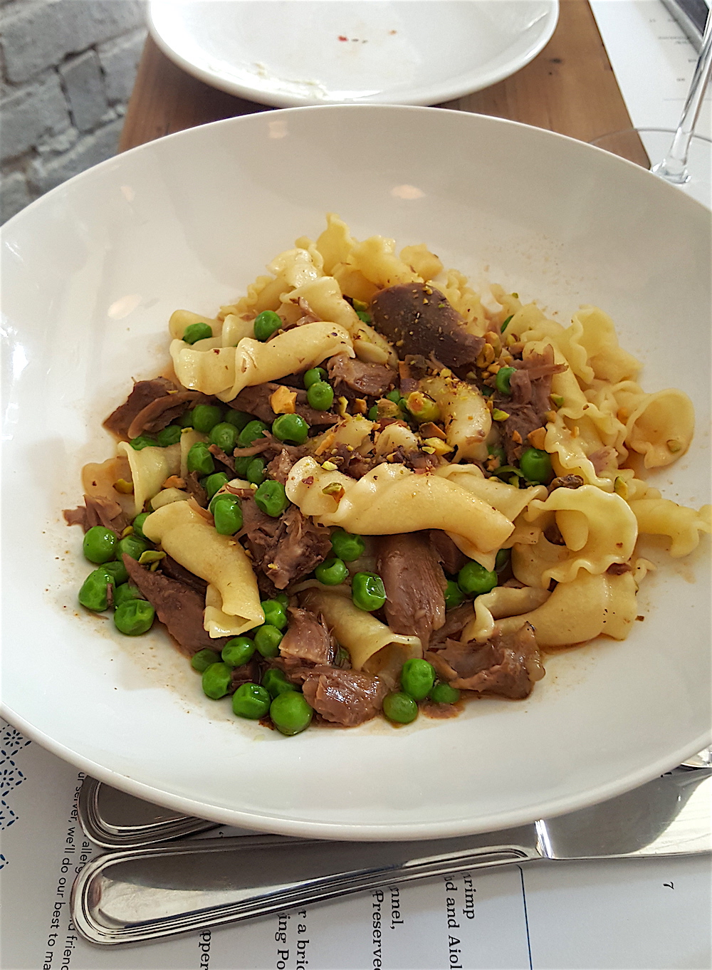 Monique Anderson chose a pasta dish -- campanelle with braised lamb and spring peas, fresh mint and pistachios. She raved about it.