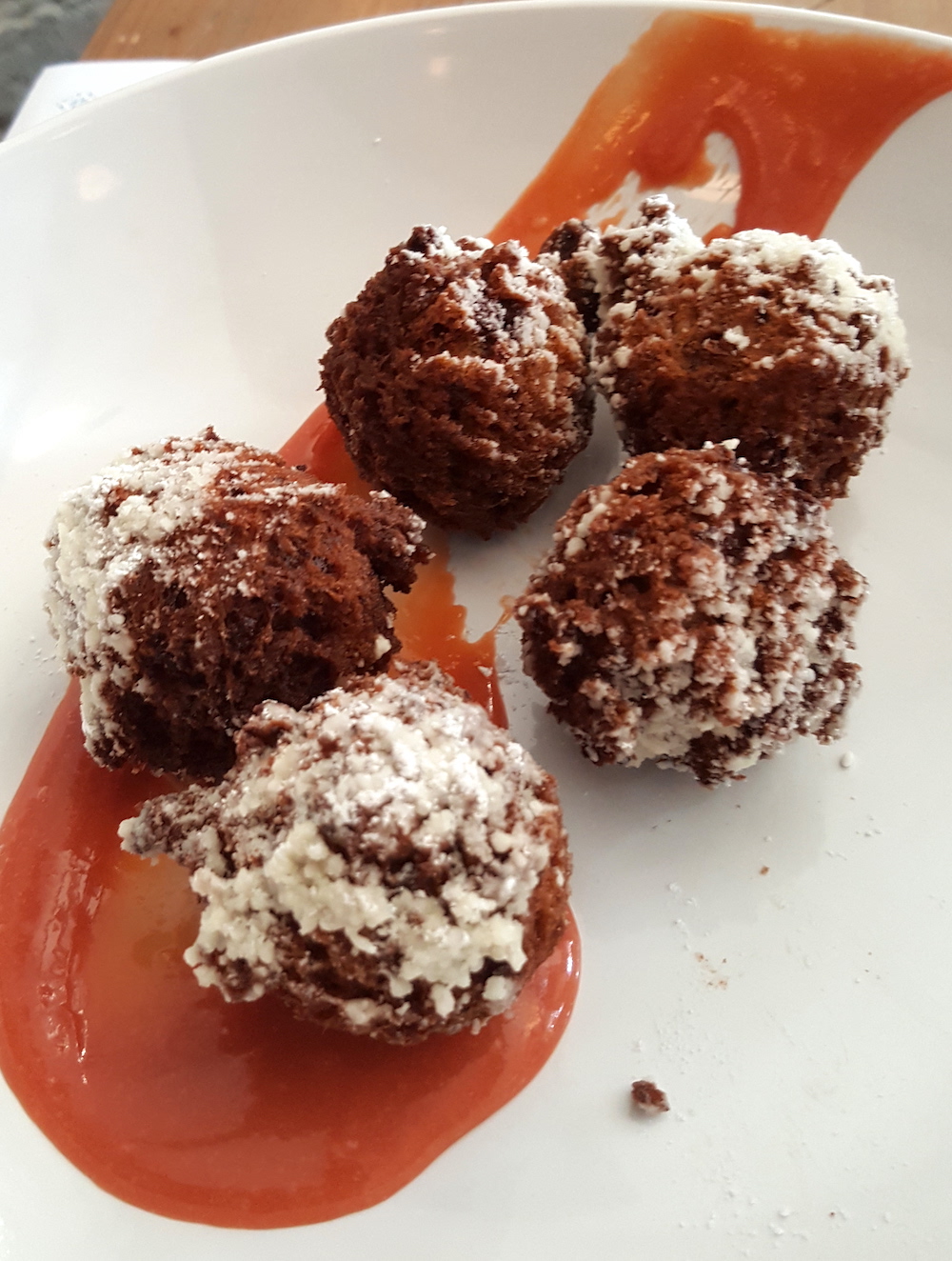 Monique loved her chocolate zeppole -- little ricotta donuts with dark chocolate and blood orange curd.
