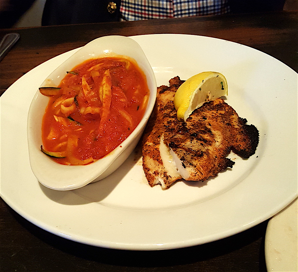 Alan loved his fish of the day - redfish - and the zucchini and squash "noodles" covered with marinara that came with it.