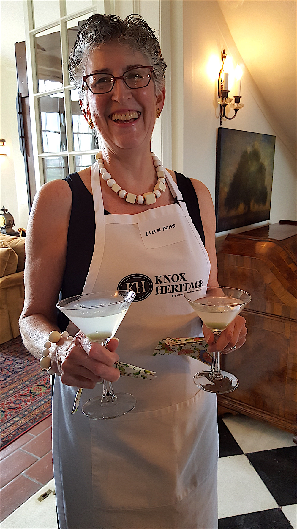Ellen Bebb, one of the hosts, offers those aforementioned martinis. Chef Gallaher created the liquid olives by means of molecular gastronomy. Interesting.