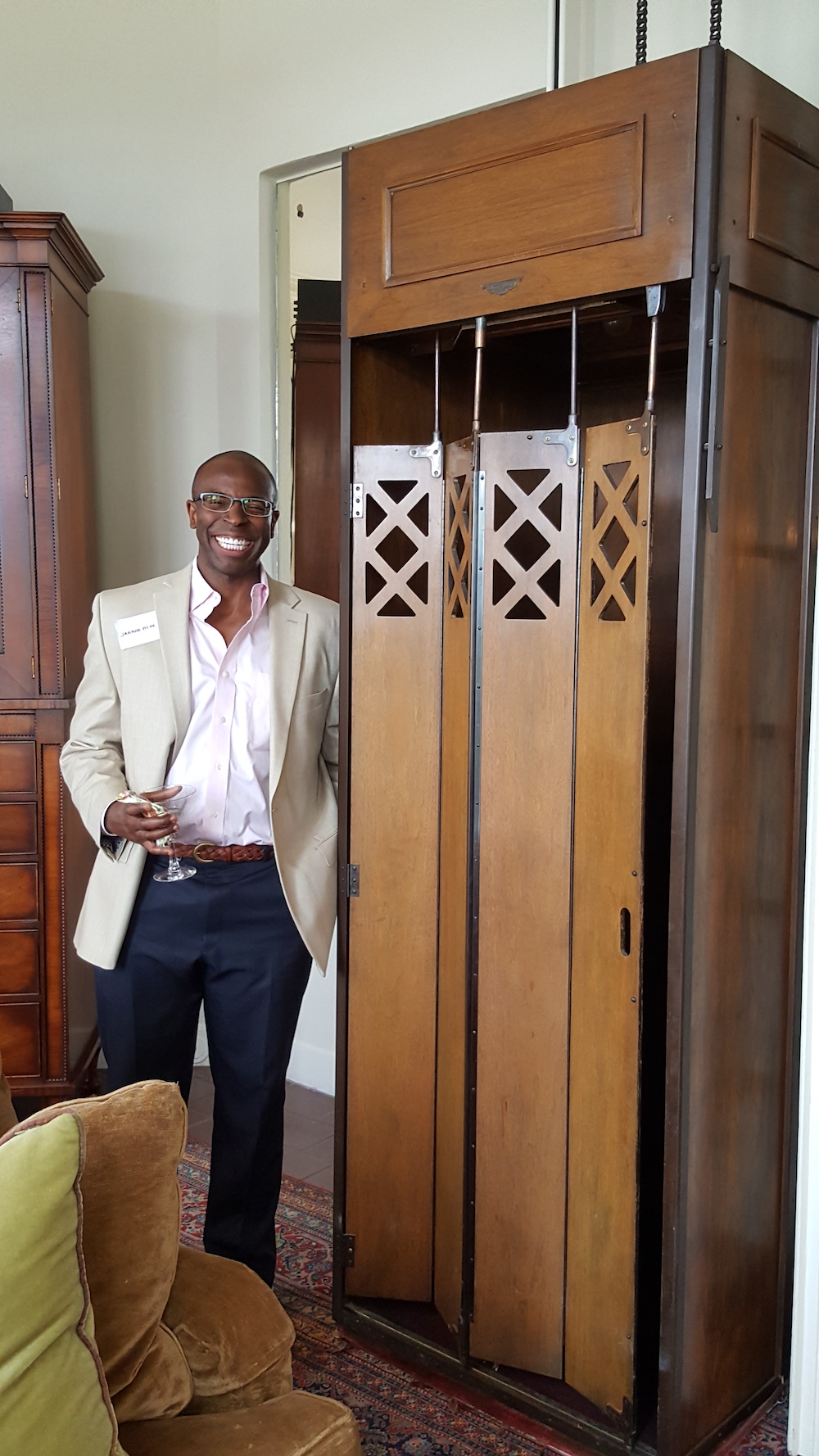 Here's guest Jarrod Blue beside an antique elevator.