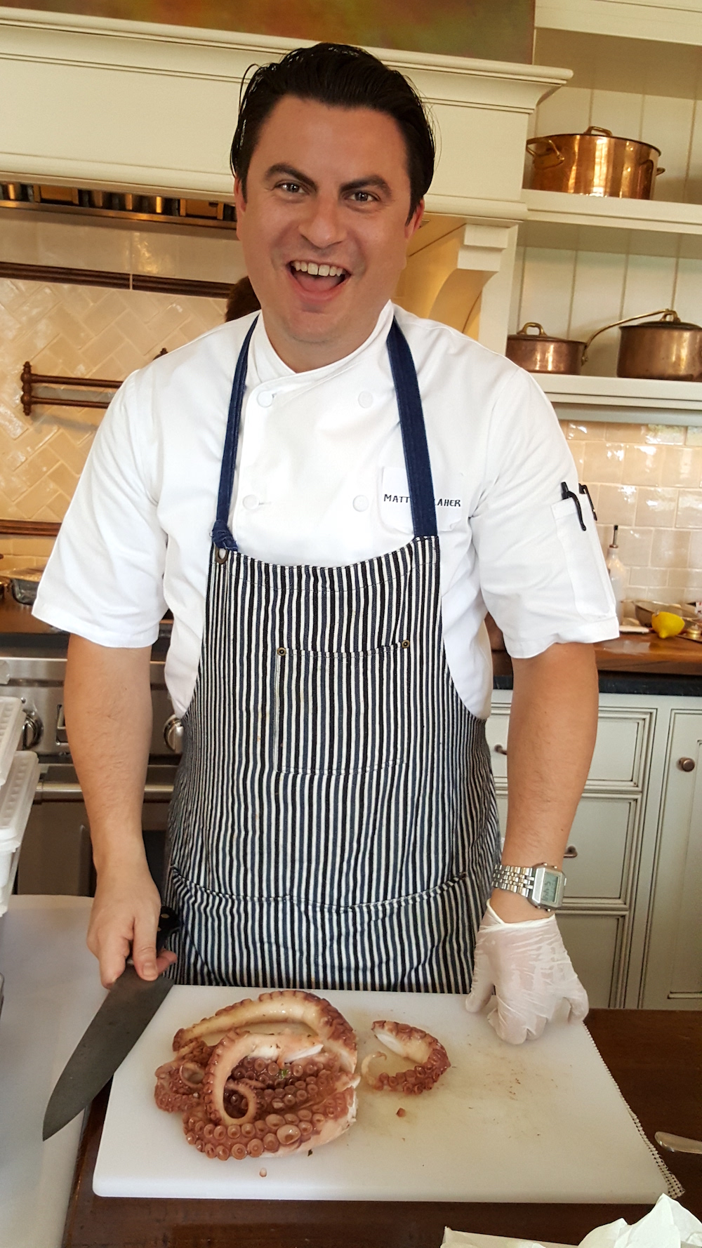 We peeked into the kitchen and saw Chef Gallaher preparing octopus that would be used in our soup course.