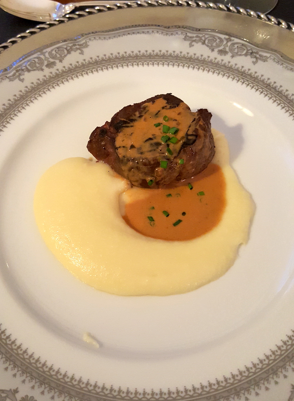 Which was smoked beef tenderloin with "twice baked" potatoes and green peppercorn sauce. Wine was a 2012 Domaine de Chateaumar Chateauneuf du Pape from Rhone.