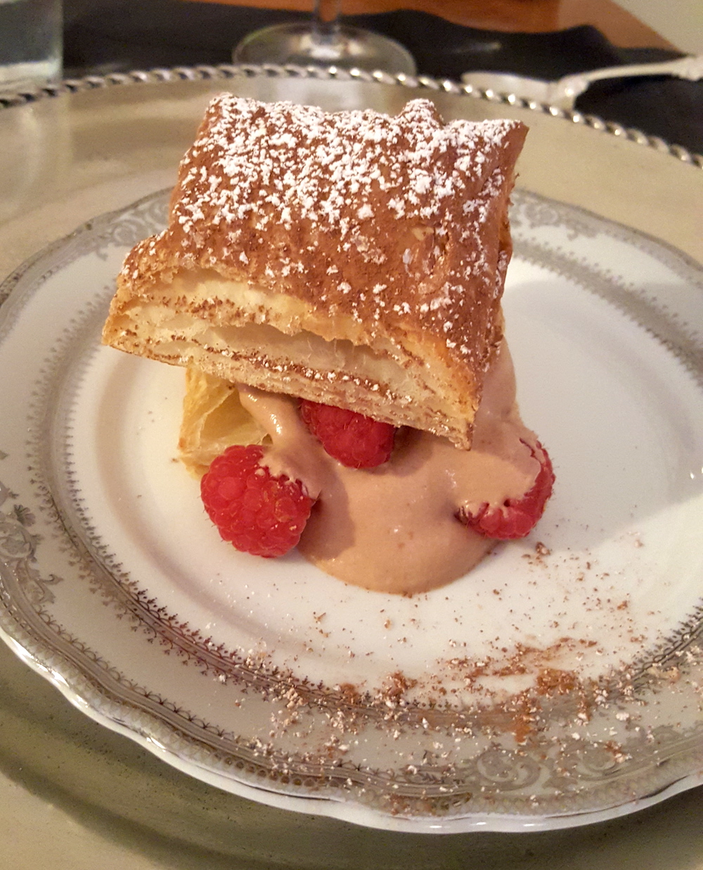 And this is the "Thousand Leaves" pastry with chocolate cremeux and raspberries. Wine with both was a non-vintage Renardt-Fache Cerdon de Bugey from Auvergne-Rhone-Alpes.