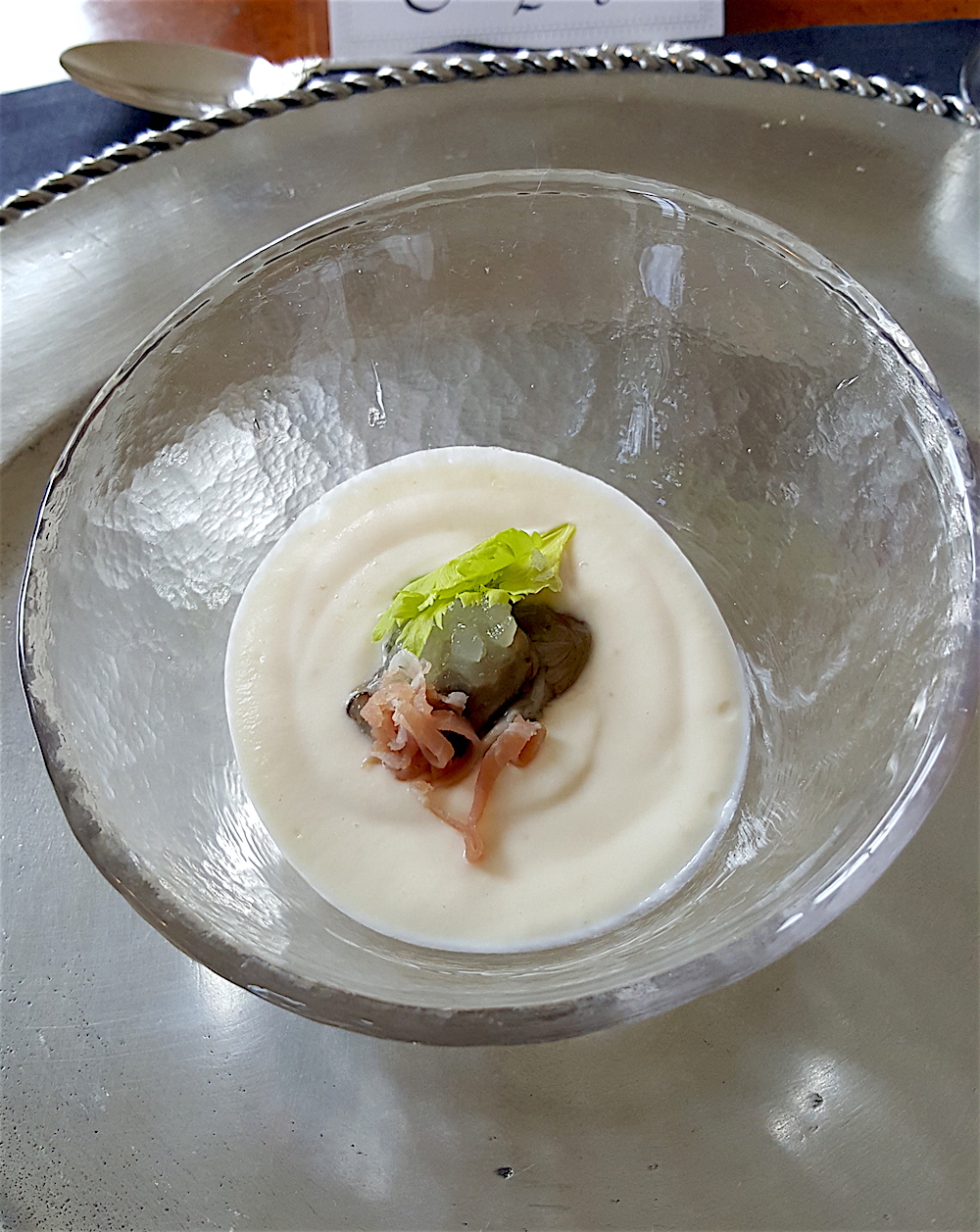 When we were told to be seated, the food began arriving beginning with this raw oyster with celery custard and ham. It was velvety and divine.