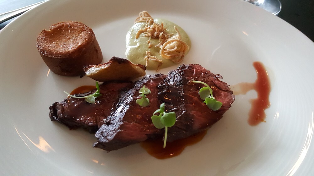 We had a limited menu to expedite our lunch. Those who chose beef got this grilled hangar steak with crispy shallots atop an artichoke basil puree. They loved it.