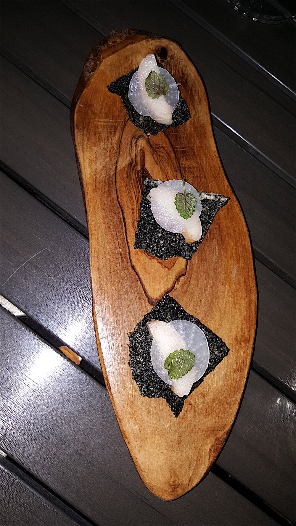 First up: An amuse bouche compliments of the chef. In this case: smoked eel on a nori chip with a dab of some kind of delicious garlic sauce.