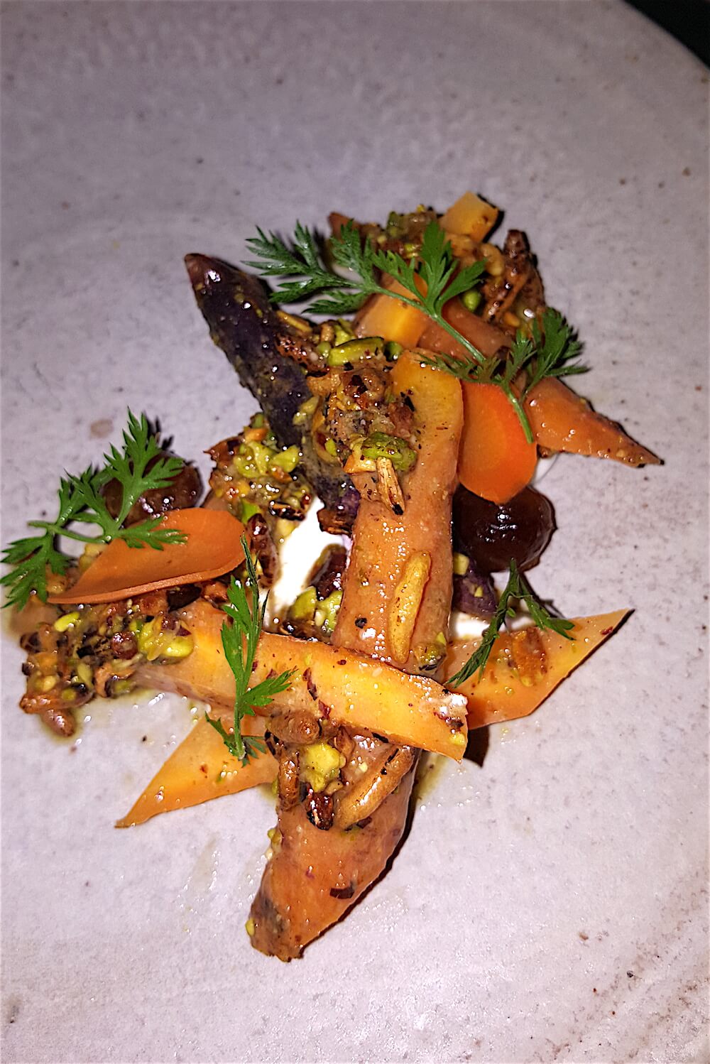 Alan chose roasted carrots with pistachio, vadouvan, dates and smoked feta cheese. Vadouvan is a kind of French curry spice mixture that goes great with carrots.