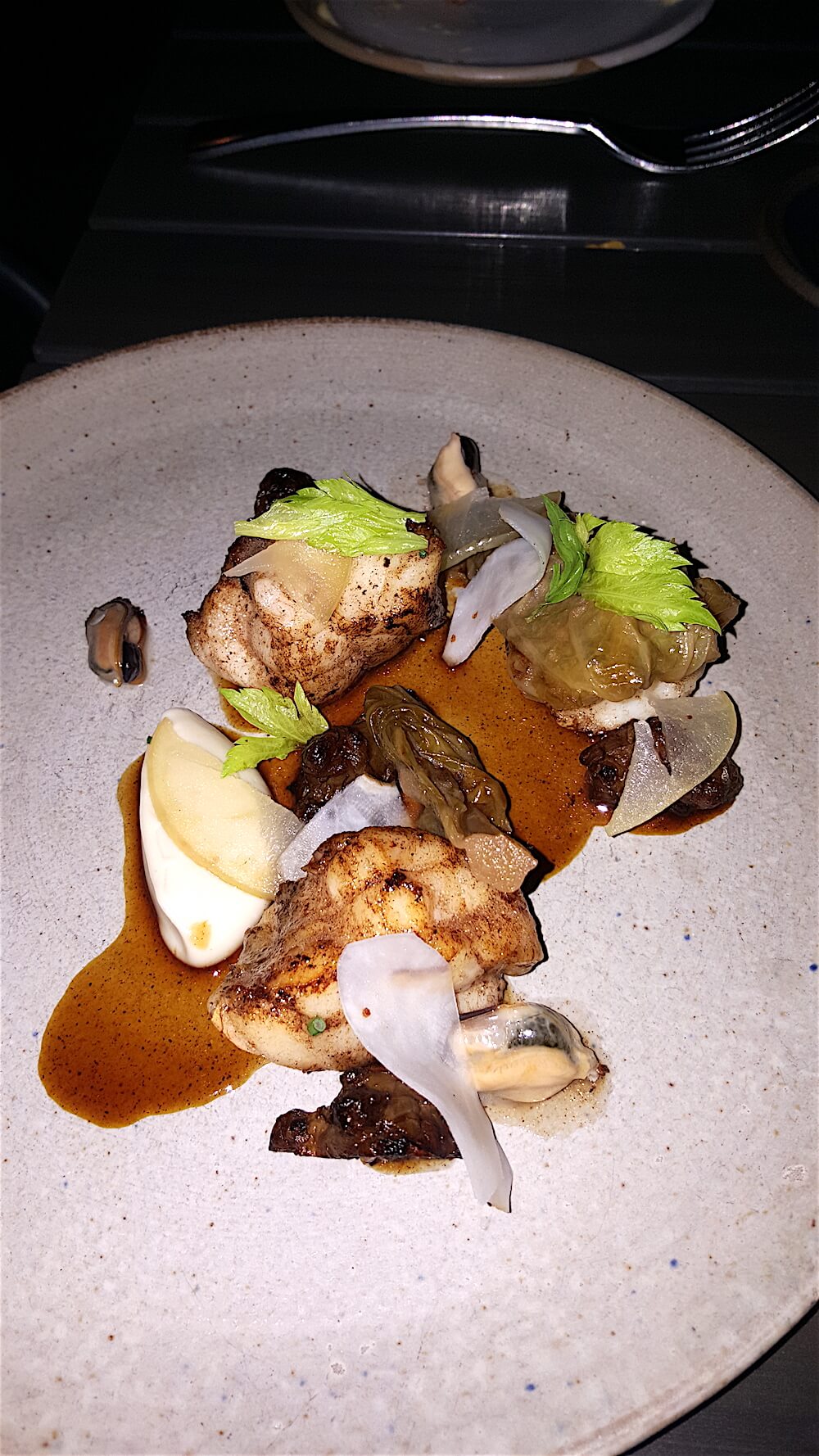 Alan went with seared monkfish with sunchokes, cabbage and mussels.