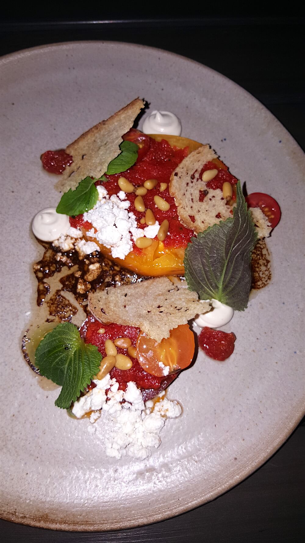 My first course consisted of delicious heirloom tomatoes with pinenuts, black garlic and buttermilk. It was a bright and delightful combination.