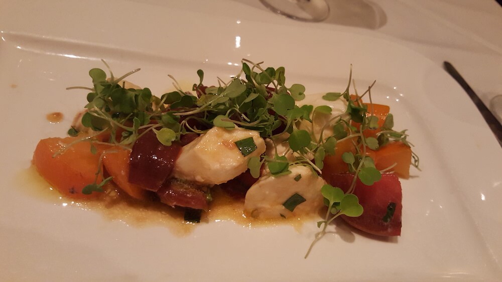 My starter was roasted buffalo Scamorza cheese with arugula and heirloom tomatoes. (If it appears to you from my selection that I am on a tomato kick, you are correct. Trying to get in as many as I can before the season ends!) These were at their peak.