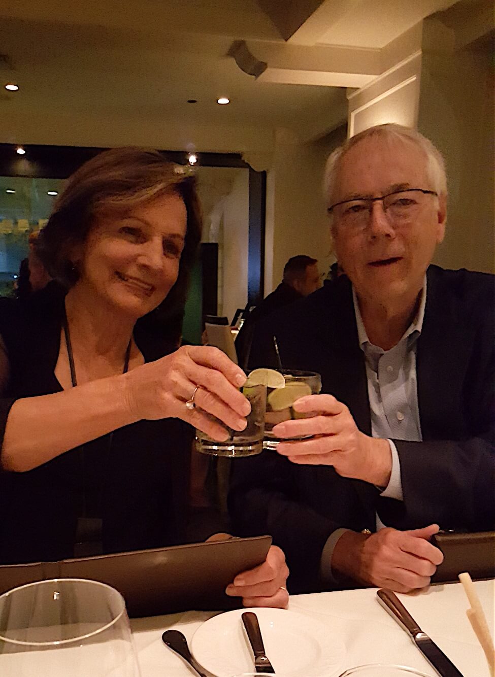 Our friend Lane Hays and Alan share a toast with their gin and tonics.