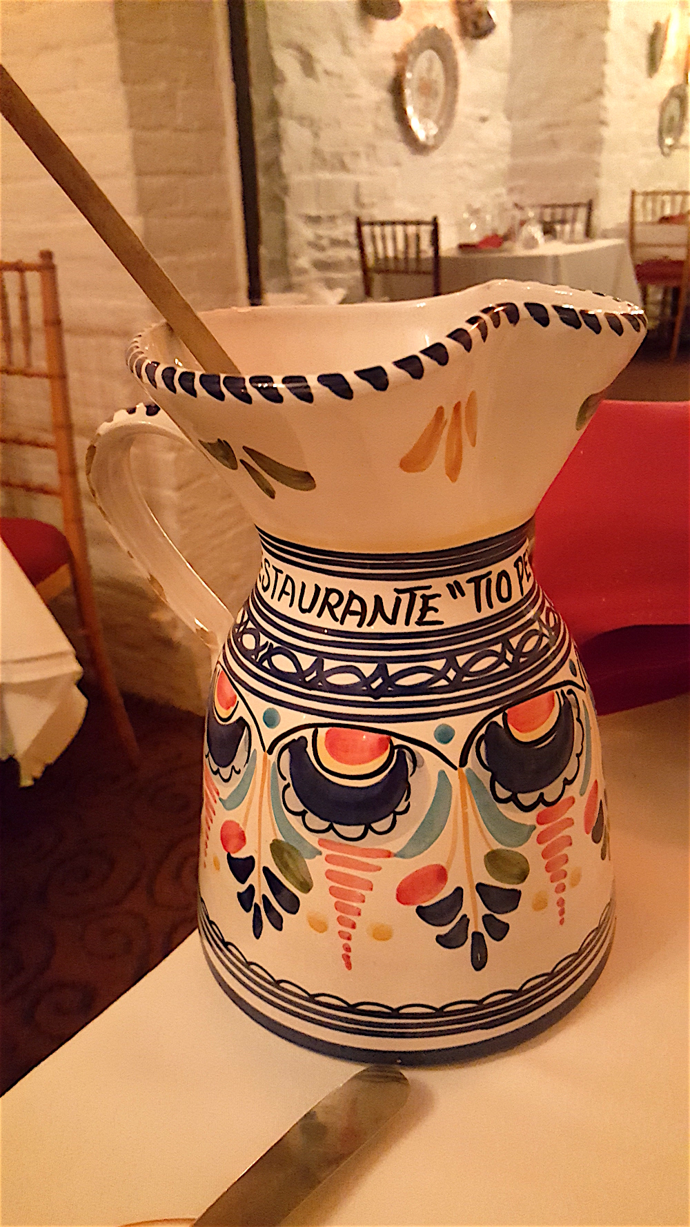 Sangria is served in these colorful pitchers. Dawn bought one to bring home.