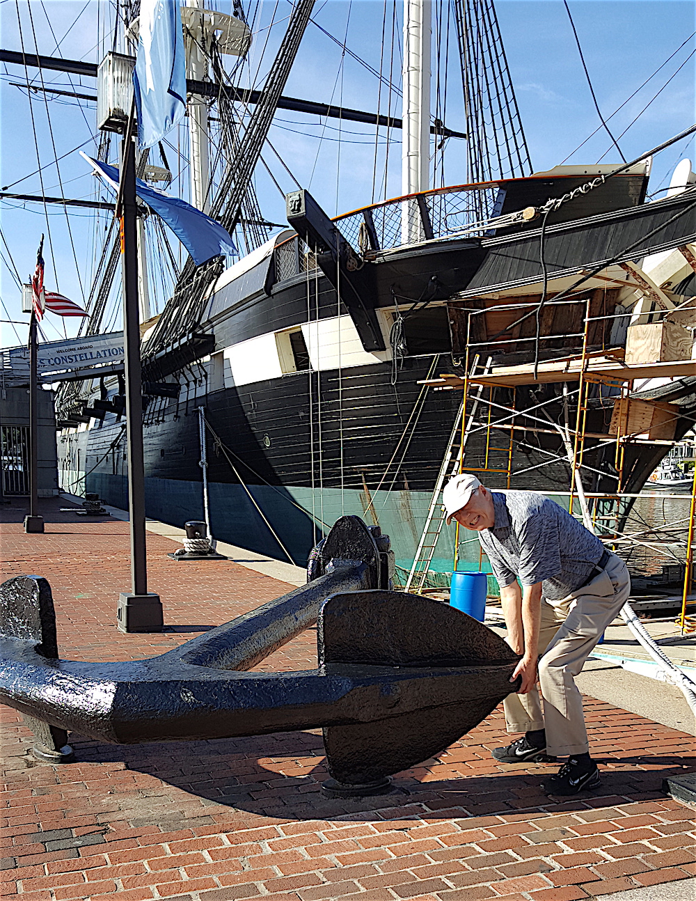 Alan tested out his strength on the anchor of the U.S.S. Constellation.