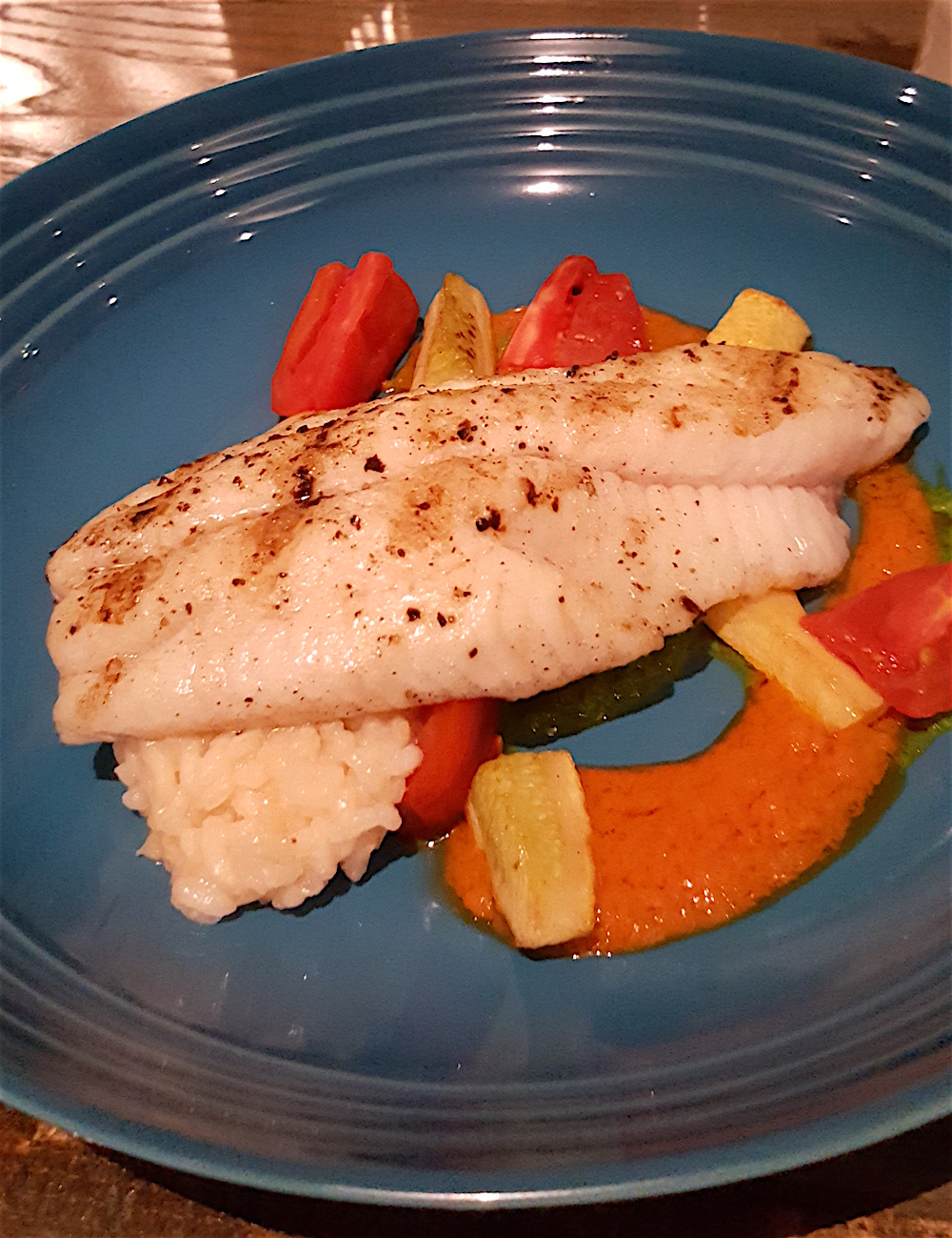 Grilled North Carolina catfish, Carolina gold rice, tomatoes, squash, basil pistou and tomato vinaigrette. This was my order and it was fantastic. Beautiful, too, don't you think?