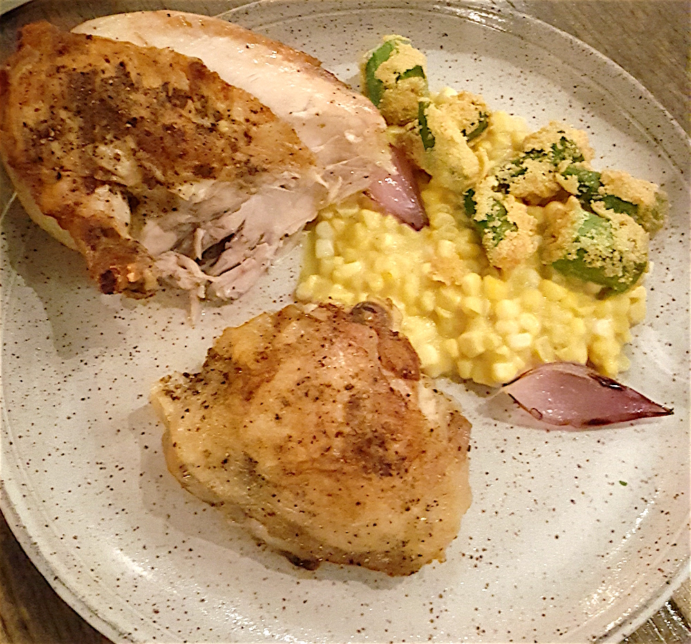 Here's Alan's order: wood oven roasted half chicken, creamed corn, fried okra and roasted onions. (They had him at fried okra!)