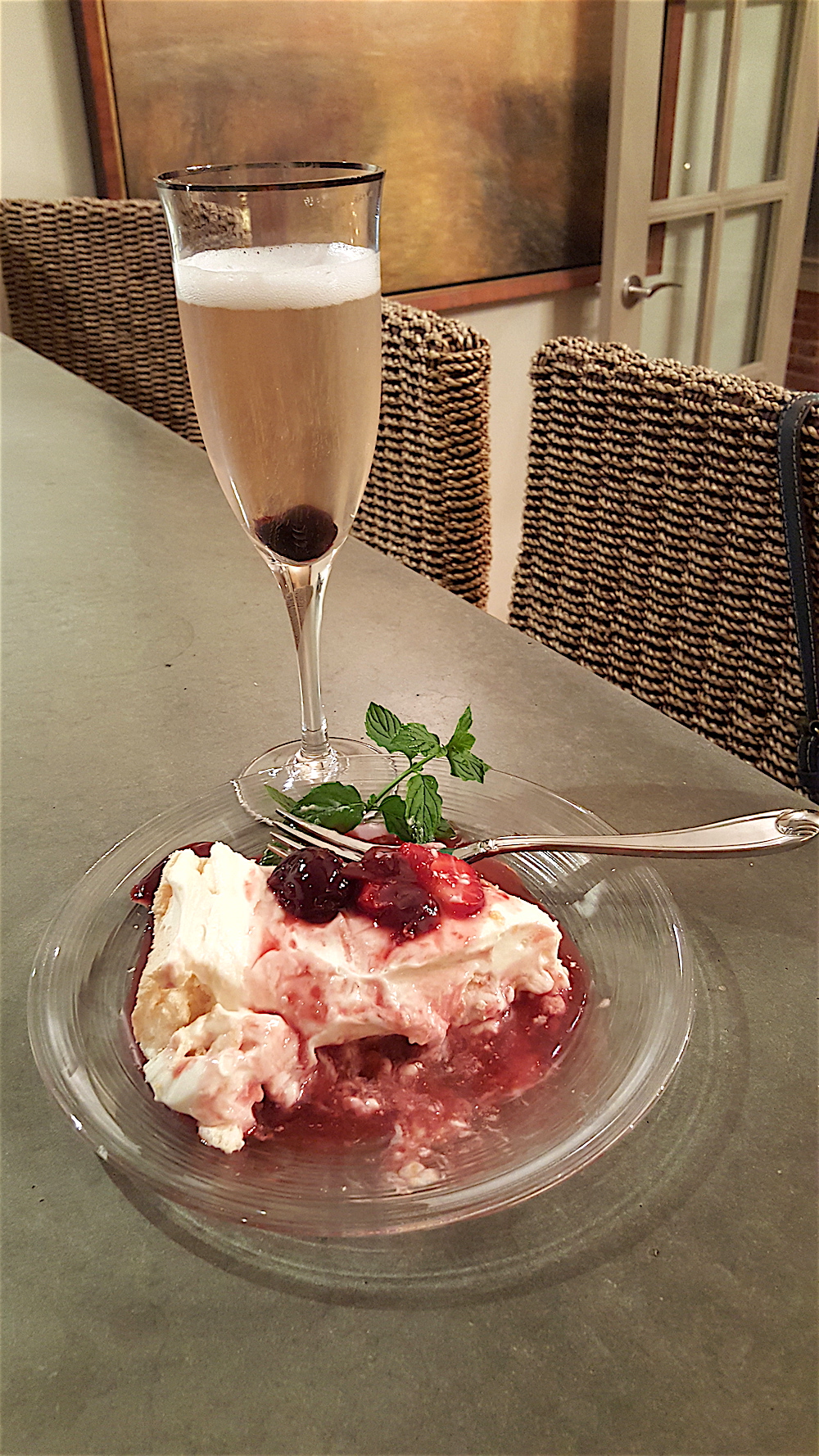 Here's another pieces of thievery from Emilia: Prosecco with a gourmet cherry in it. The dessert, a classic called Berries on a Cloud, was made "Italian" by the addition of Amaretto!