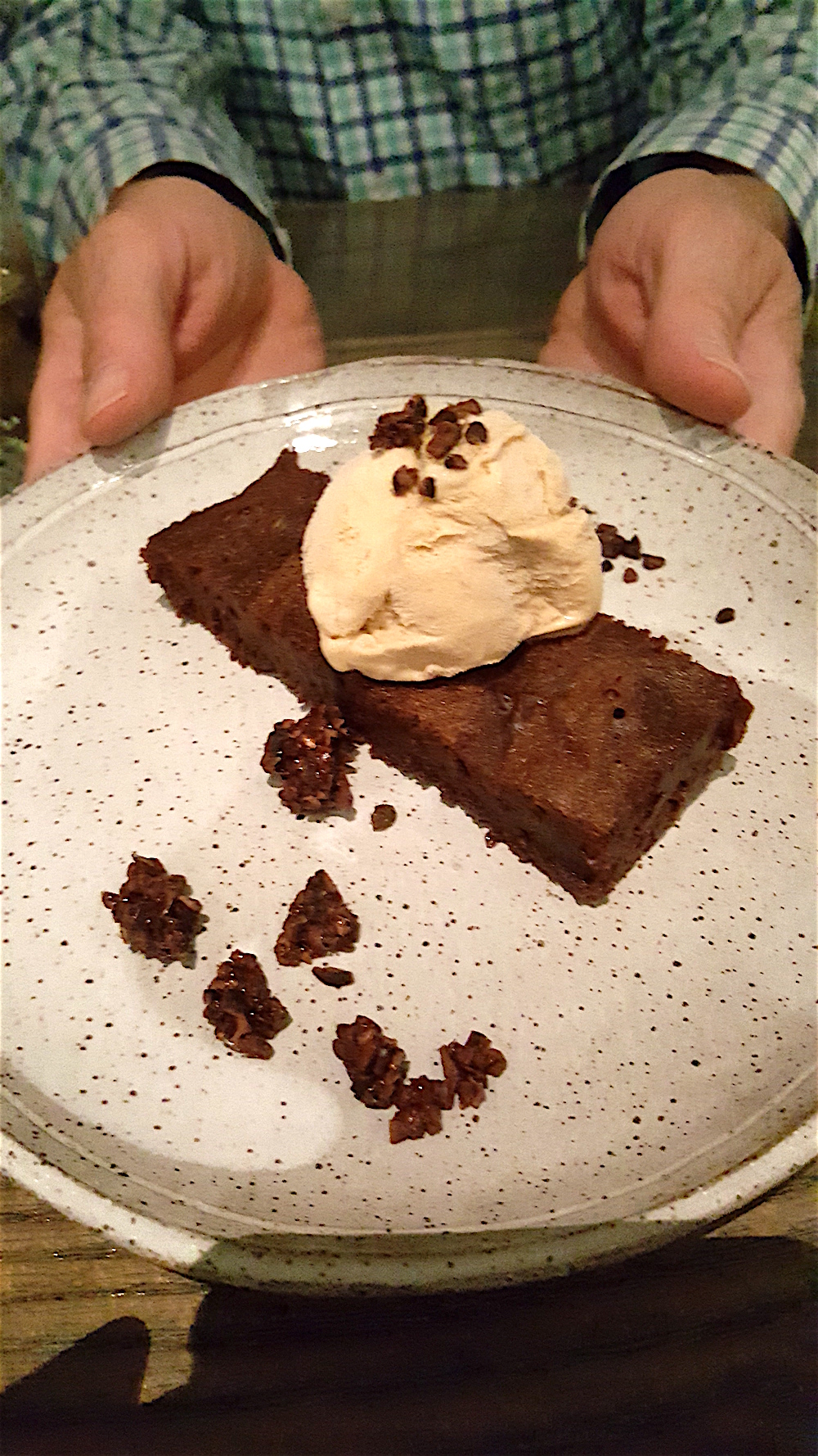 Alan's dessert choice: Olive and Sinclair chocolate cake, Cruze Farm coffee ice cream with candied cocoa nibs. He let me taste it and, holy cow, it was so moist and deep, deep chocolate.