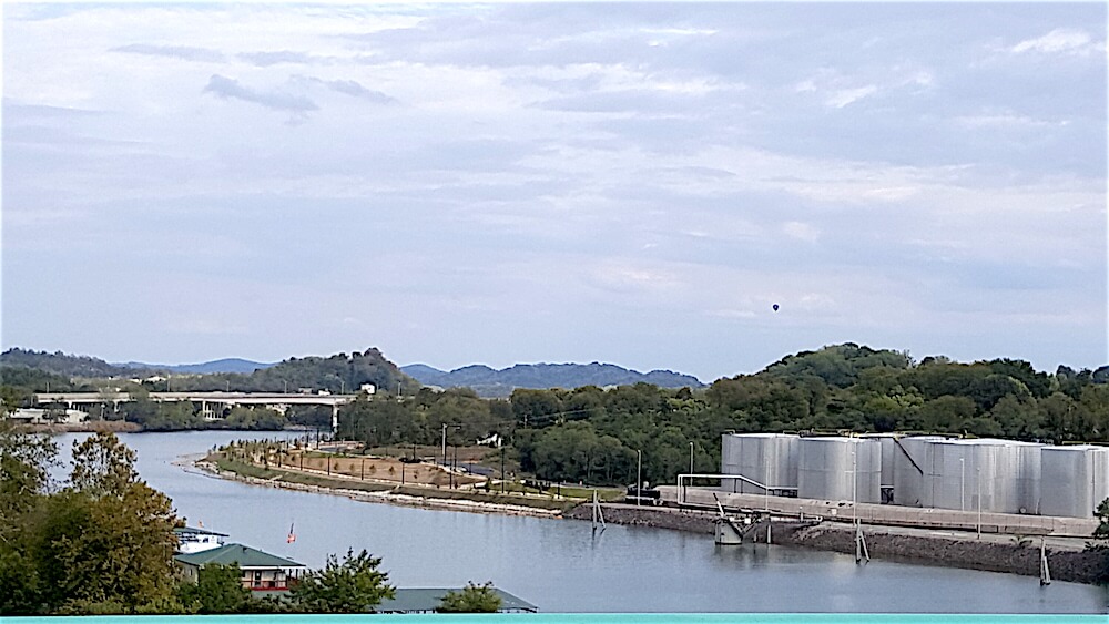 As we walked over to the Gay Street Bridge at 5:30, we noticed a hot air balloon was descending in the vicinity of Island Home Airport.
