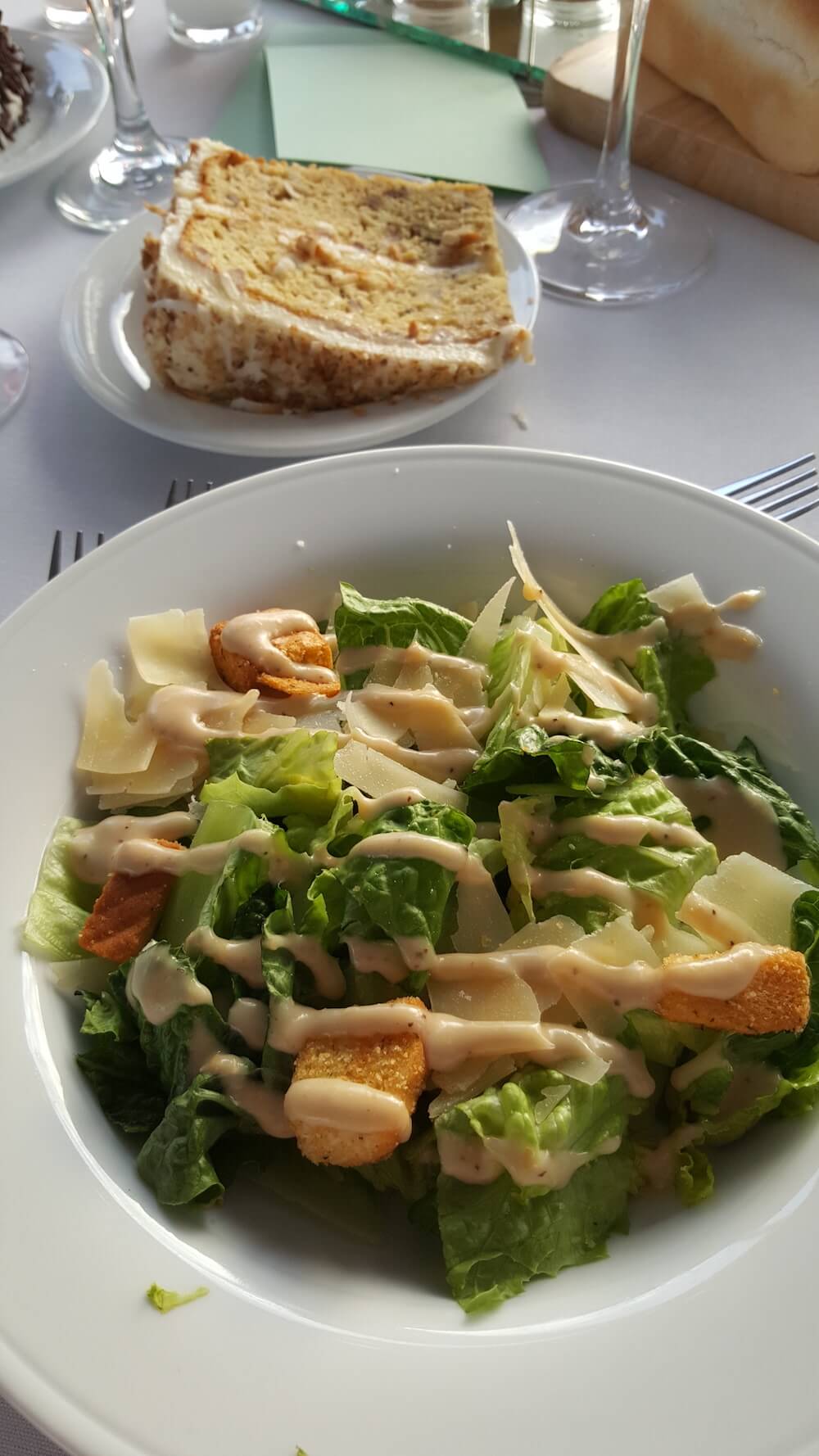 Salads and desserts were on the table.
