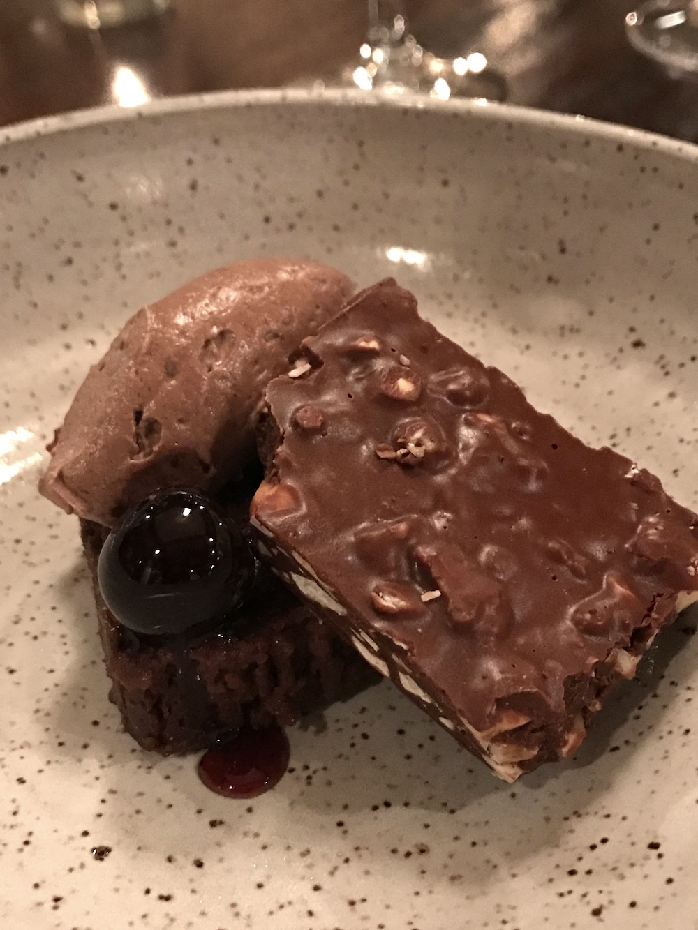 Finally, what my husband had been waiting for! Dark chocolate torta with chocolate-hazelnut crunch, cocoa whipped cream and Luxardo cherries. (Warning: Once you eat these Luxardo cherries, you will never go back to regular maracinos. They are available at Downtown Wine & Spirits.)