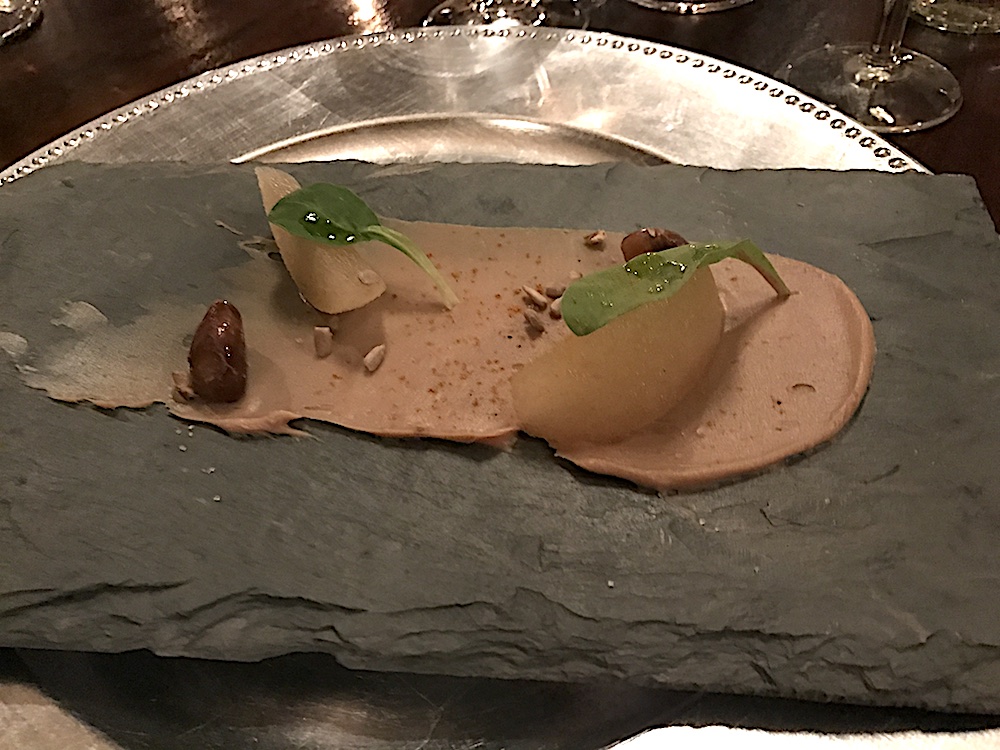 Next up was everyone else's favorite course: foie gras pate with chestnuts, small greens, Asian pear mascerated in Sauternes and Vadouvan curry.