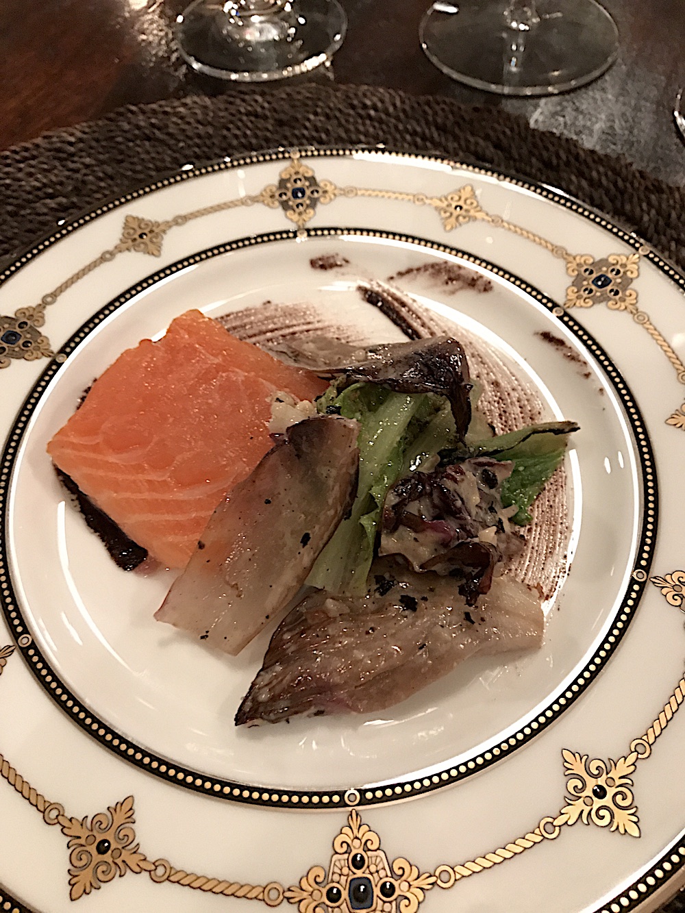 Slow cooked salmon with grilled chicories, parmesan pan gratto, oil cured olives and anchovy dressing. Yum.