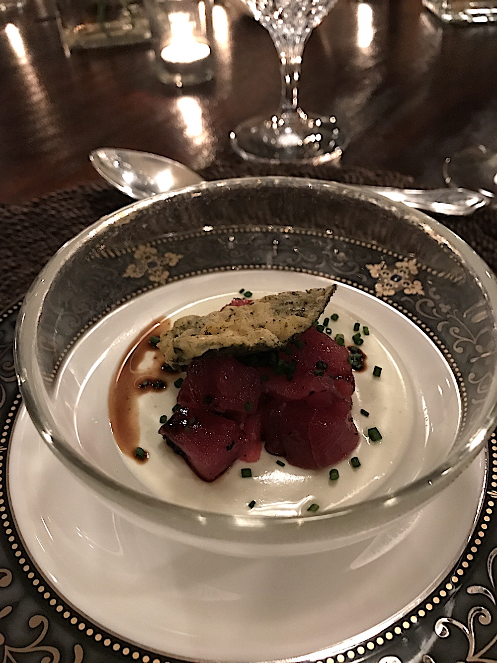 This dish was outside my comfort zone, but I had vowed at the beginning to try everything. Ahii tuna sashimi with wasabi panna cotta, tempura fried nori, Ohara Hisakichi Shouten soy sauce and seaweed salt. Chef Gallaher said we should regard soy sauce much like wine -- there are many different kinds. He raved about this one. I liked everything about this dish -- except the raw tuna.