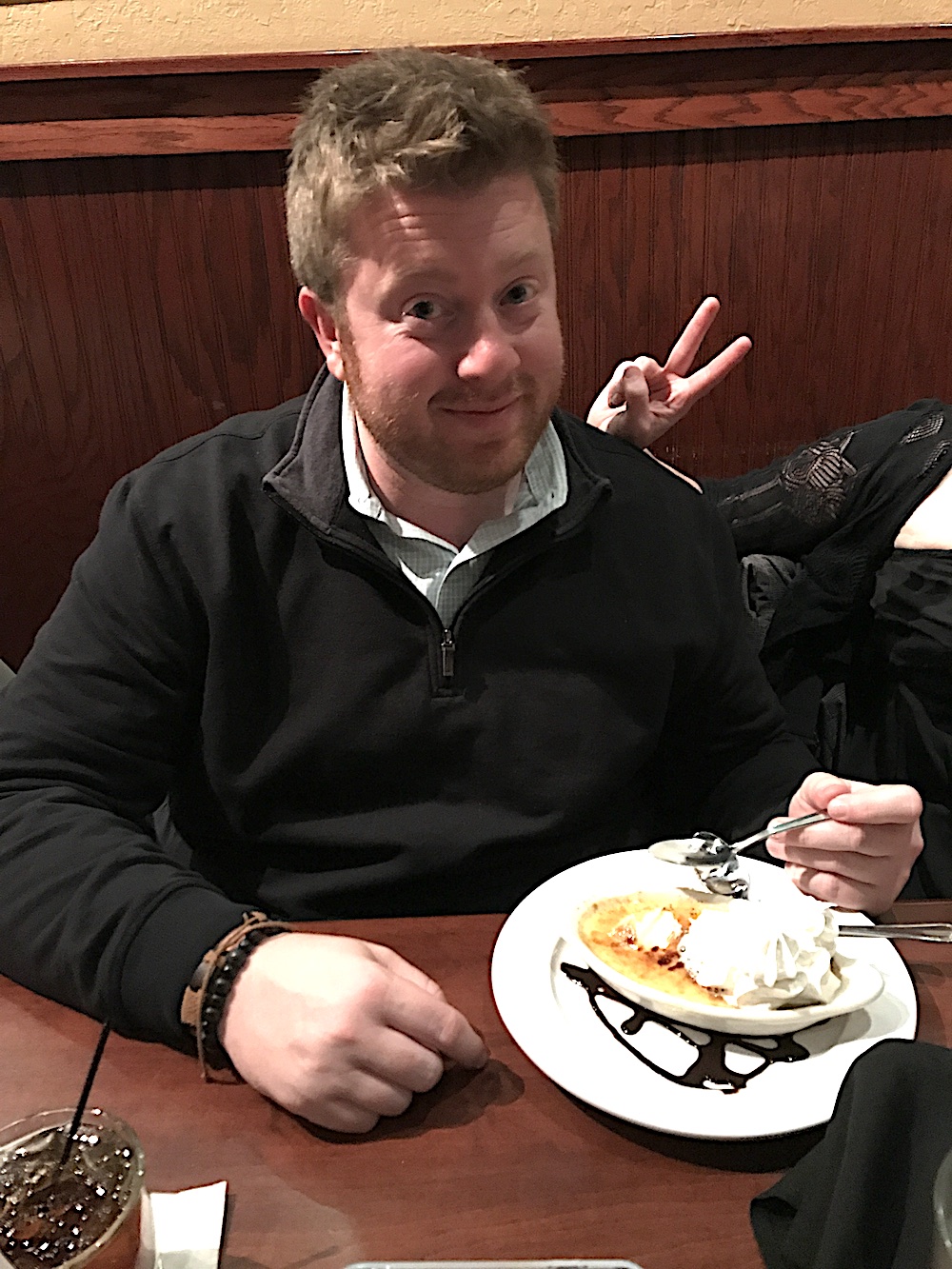 John (getting photobombed by Jessica) had creme brulee.