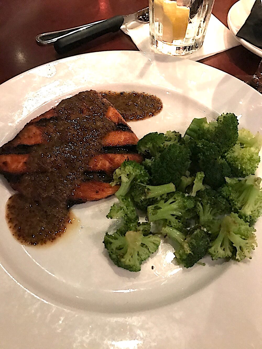 Here's the salmon with mustard dill sauce and broccoli.