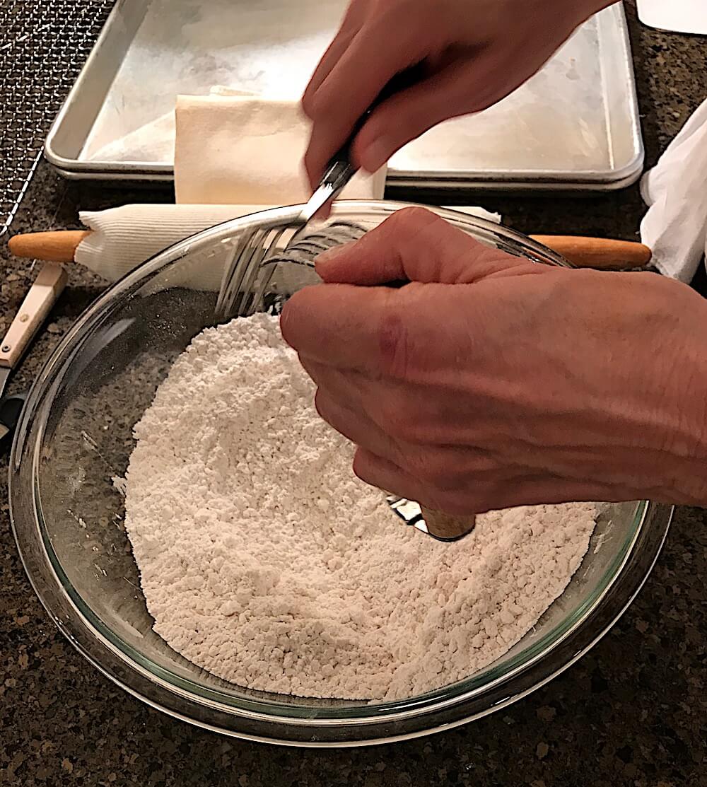 Cut in the Crisco with a pastry blender until the mixture has lumps the size of peas.