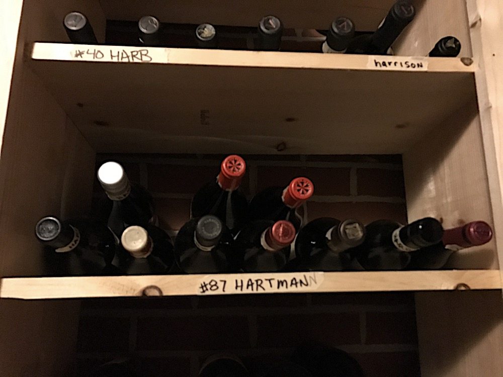In addition to Cherokee's own wine, the wine cellar holds special bottles belonging to members. Here's a shelf of wine belonging to the Hartmanns!