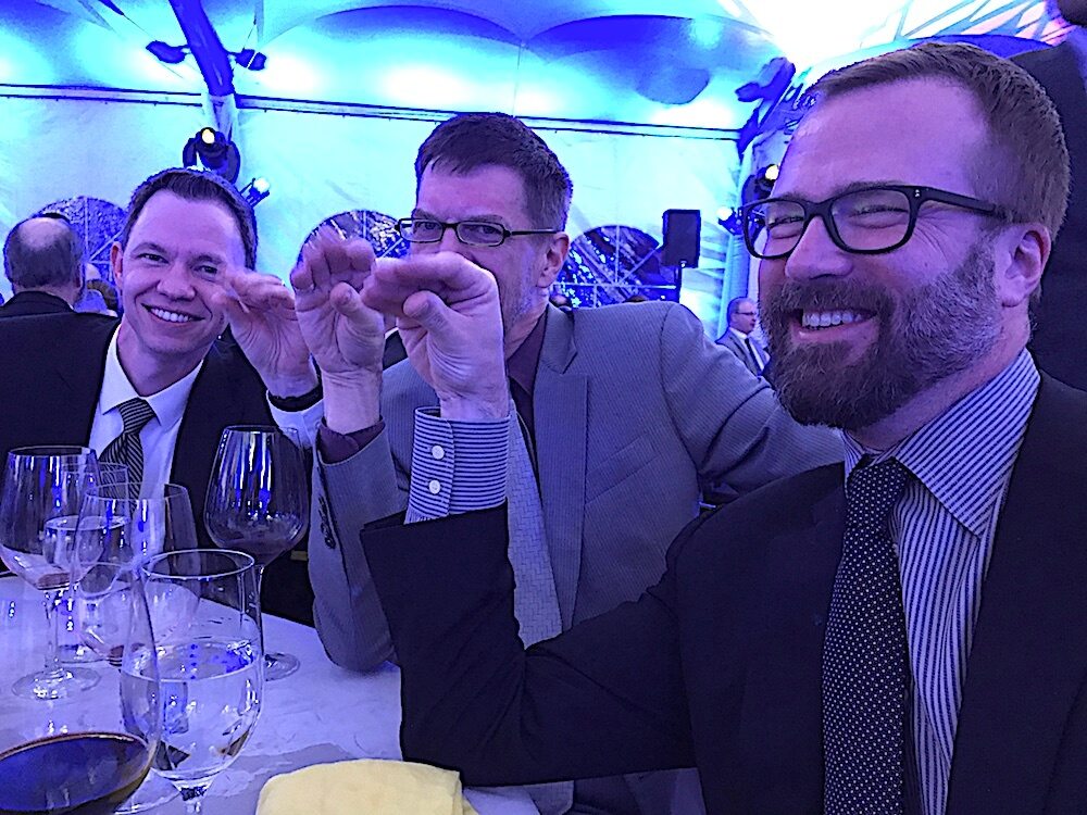 Haha. Very funny. From left, Shawn White, R.J. Hinde and John Winemiller having fun at my expense.