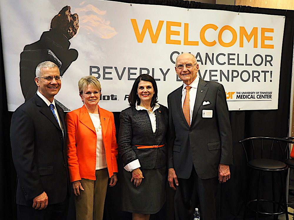 Sponsors pause for a photo with Chancellor Davenport. From left, Joe Landsman, president and CEO of UT Medical Center; Pam Fansler, chairman of First Tennessee Bank's East Tennessee region; Davenport; and Jim Haslam, chairman and founder of Pilot Flying J.