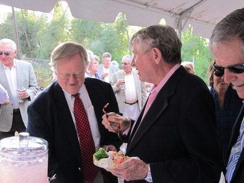 ashe-and-majors-chat Victor Ashe, left, and Johnny Majors chat in the food tent.