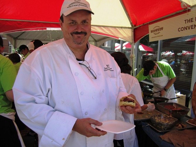chris-moore Chef Chris Moore displays the finished product: a bologna and Cambozola biscuit finished with aioli.