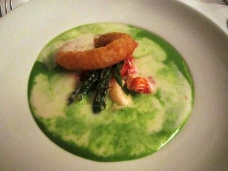 asparagus-lobster-soup-at-st-johns Unbelievable asparagus and lobster soup with one onion ring.