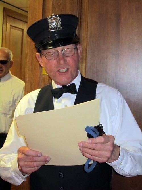 conductor At 7 p.m., the. conductor, Peter Acly, announced the train was leaving the station!
