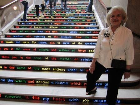 dawn-on-steps Dawn poses on these thought-provoking stairs which contain a poem about religious tolerance.