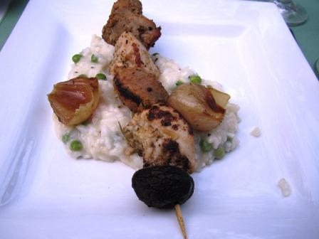 skewer Kebobs were all the rage in the '60s. Ours had chicken and pork, as well as portobellos and roasted shallots. Delicious.