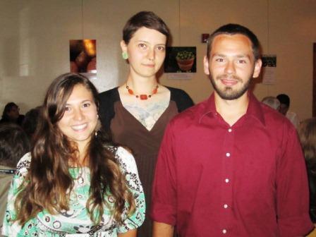 3-speakers-2 Daniel Aisenbrey, Kat Raese, center, and Karina Costa are Beardsley Farm employees through CAC Americorps and evangelists for community farmimg. Each of them spoke after the dinner.