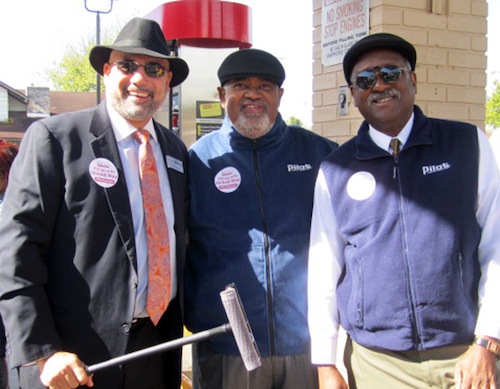 joe-armstrong-tank-strickland-dan-brown State Rep. Joe Armstrong, left, city community relations director Tank Trickland, center, and Knoxville Mayor Daniel Brown pumped together at the Pilot on Magnolia Avenue.