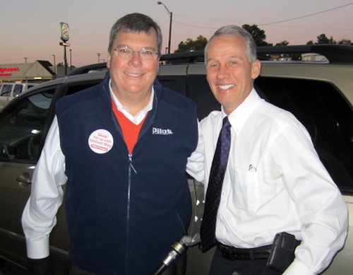 patrick-birmingham-frank-rothermel News Sentinel Publisher Patrick Birmingham, left, greets customer Frank Rothermel at the Pilot at 136 N. Northshore Drive.