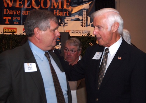 stokes-and-tyree-and-larry-in-back Party differences aside! Staunch Republican Billy Stokes, left, and staunch Democrat Randy Tyree are having a lively talk. (That's former City Councilman Larry Cox in the middle.)