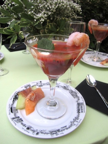 shrimp-cocktail-of-sorts The hosts called this a "Summer Shrimp Cocktail." It was shrimp served on something like gazpacho, which was deep and flavorful. The little melon pieces wrapped in prosciutto were refreshing, too.