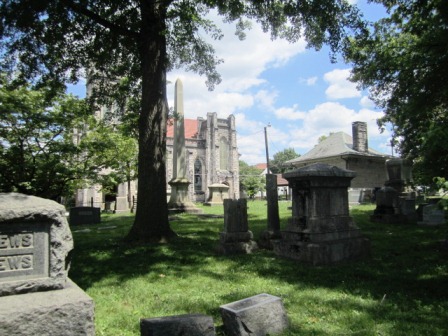st-johns-lutheran This view of St. John's Lutheran Church across Broadway from Old Gray shows how well the cemetery blends with its surroundings.