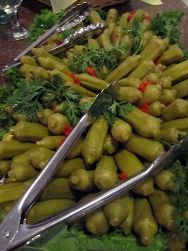 pickled-okra Side dishes included pickled okra, potato salad and corn pudding.