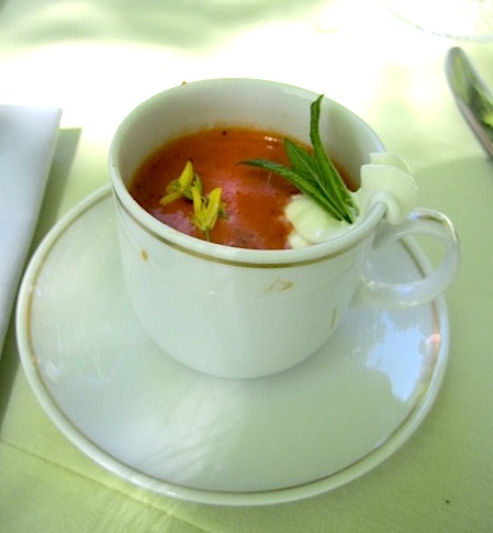 roasted-tomato-soup Roasted tomato soup with red peppers was served in tiny, beautifully garnished cups.